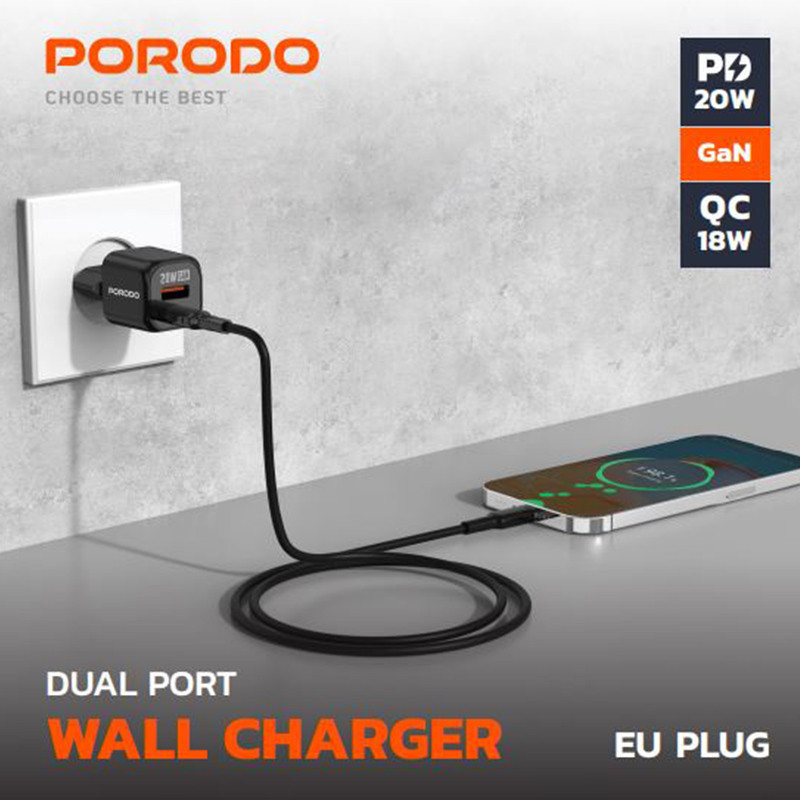 شارژر دیواری 20 وات دو پورت پرودو مدل FWC060 به همراه کابل USB-C