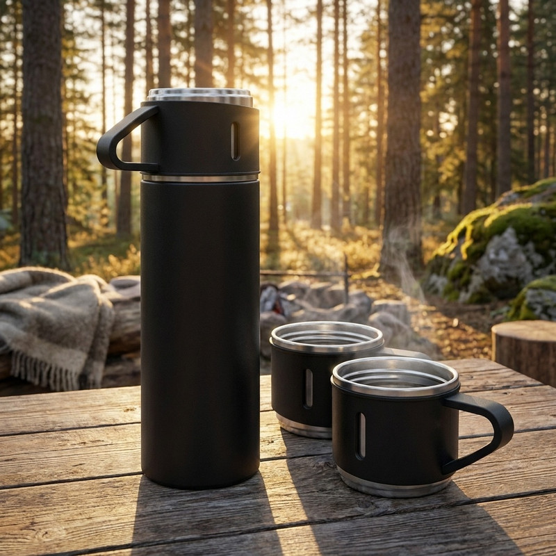 فلاسک مدل کادویی VACUUM FLASK SET گنجایش 0.5 لیتر به همراه لیوان مجموعه 3 عددی