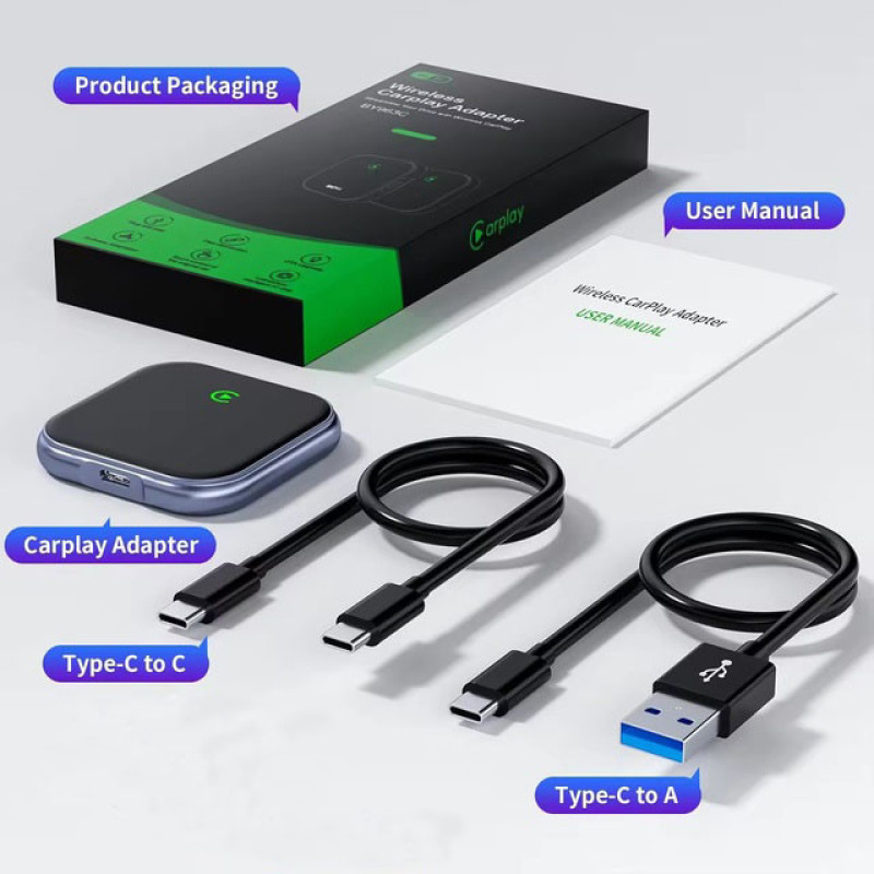 کارپلی و اندروید اتو مدل 2in1 wireless adapter به همراه کابل USB به USB-C و کابل USB-C