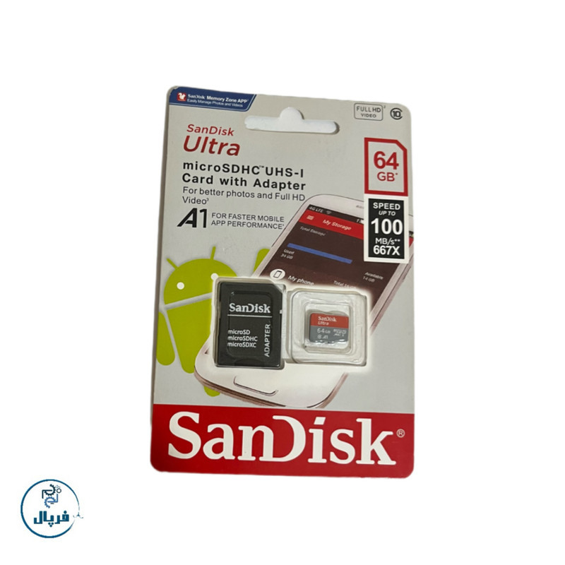 کارت حافظه microSDHC سن دیسک مدل Ultra A1 کلاس 10 استاندارد UHS-I سرعت 100MBps ظرفیت ۶۴ گیگابایت به همراه آداپتور SD