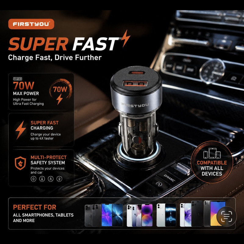 شارژر فندکی 70 وات دو پورت فرست یو مدل F070 به همراه کابل usb-C