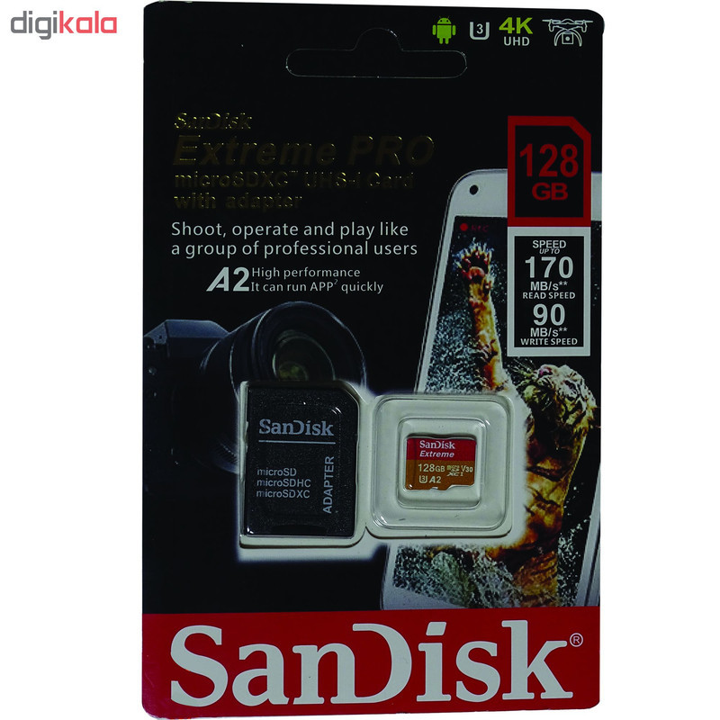 کارت حافظه microSDXC سن دیسک مدل Extreme PRO کلاس A2 استاندارد UHS-I U3 سرعت 170MBs ظرفیت 128 گیگابایت به همراه آداپتور SD