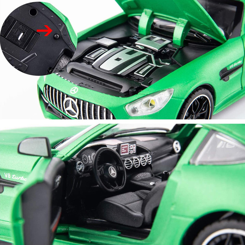 ماکت ماشین فلزی اسپرت BENZ AMG GT قابلیت دودزا با منبع آب، چراغ‌دار، موزیکال، فرمان‌پذیری چرخ‌های جلو، عقب‌کش، باتری قلمی، بدنه صیقلی و 6 درب بازشو