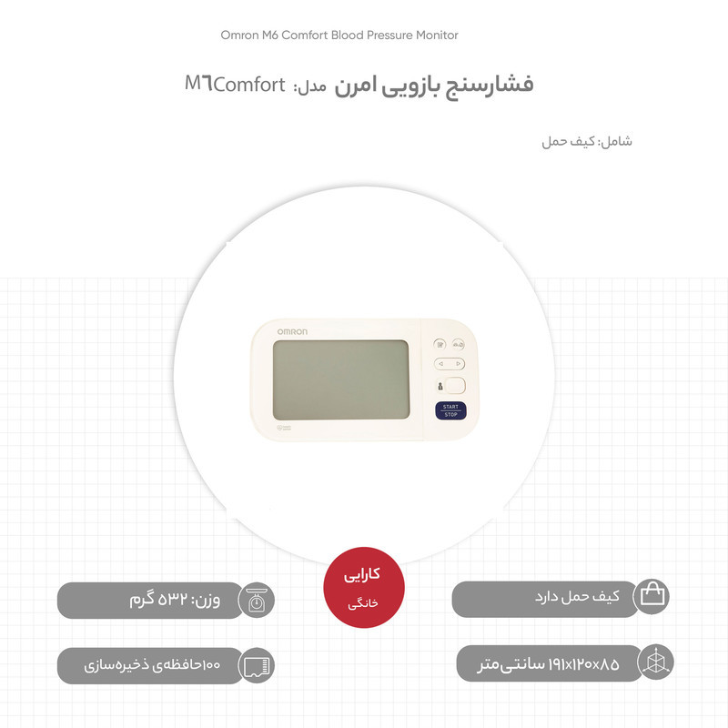 فشارسنج دیجیتال بازویی امرن مدل M6 Comfort با حافظه بالای 99 رکورد، دو پروفایل کاربری، نمایش میانگین نتایج، تشخیص آریتمی و خطای محاسباتی، همراه کیف حمل و باتری قلمی AA