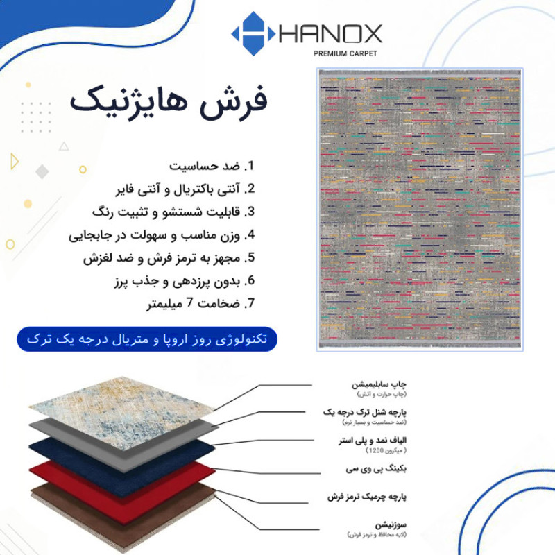 فرش ماشینی 1000 شانه هانوکس زمینه طوسی حاشیه چند رنگ مدل مینیمال کد HANM.0022.1