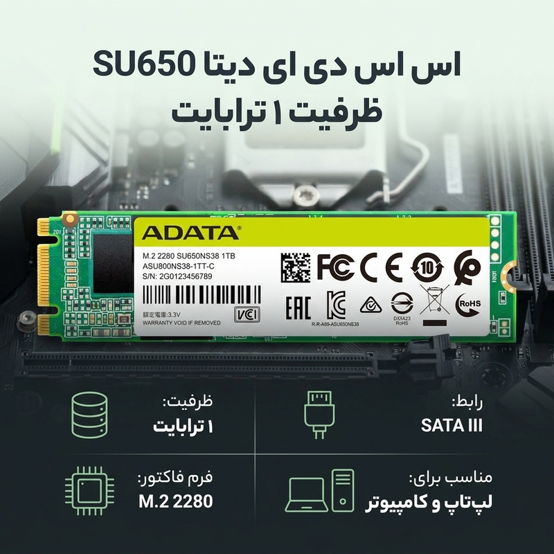 اس اس دی اینترنال SATA III ای دیتا مدل SU650 M.2 2280 ظرفیت 1 ترابایت