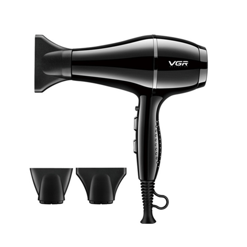 سشوار حرفه‌ای 2200 وات وی جی ار مدل V-414، موتور AC، وزن 802 گرم، المنت سرامیک تورمالین، دارای سری متمرکز‌کننده باریک، متمرکز‌کننده پهن با ویژگی صاف‌کنندگی، حجم‌دهندگی، با قابلیت تنظیم دما، فناوری تولید یون