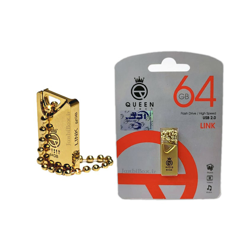 فلش مموری کوئین تک مدل GLINK ظرفیت 64 گیگابایت با رابط USB 2.0، بدنه فلزی مقاوم در برابر آب و ضربه، طراحی فشرده و زنجیر محافظ، سرعت انتقال 30 مگابایت بر ثانیه، سازگار با انواع سیستم‌عامل‌ها و دستگاه‌های USB