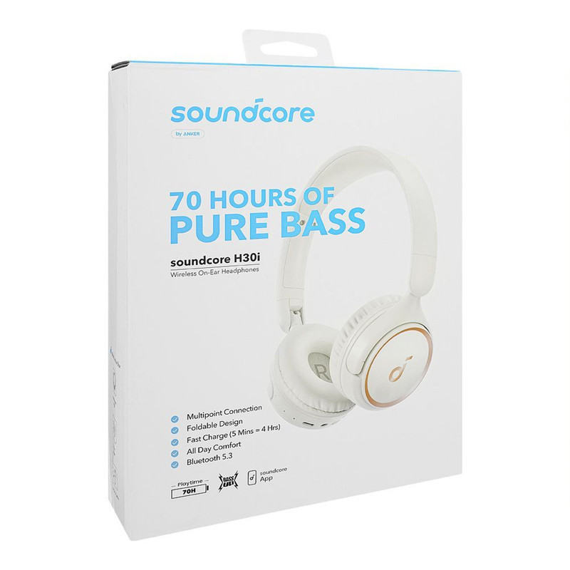 هدفون بلوتوثی انکر مدل Soundcore H30i بدون قابلیت نویز کنسلینگ، درگاه شارژ USB Type-C، دارای میکروفون داخلی با کیفیت بالا، مجهز به فناوری BassUp، مقاومت در برابر رطوبت و عرق