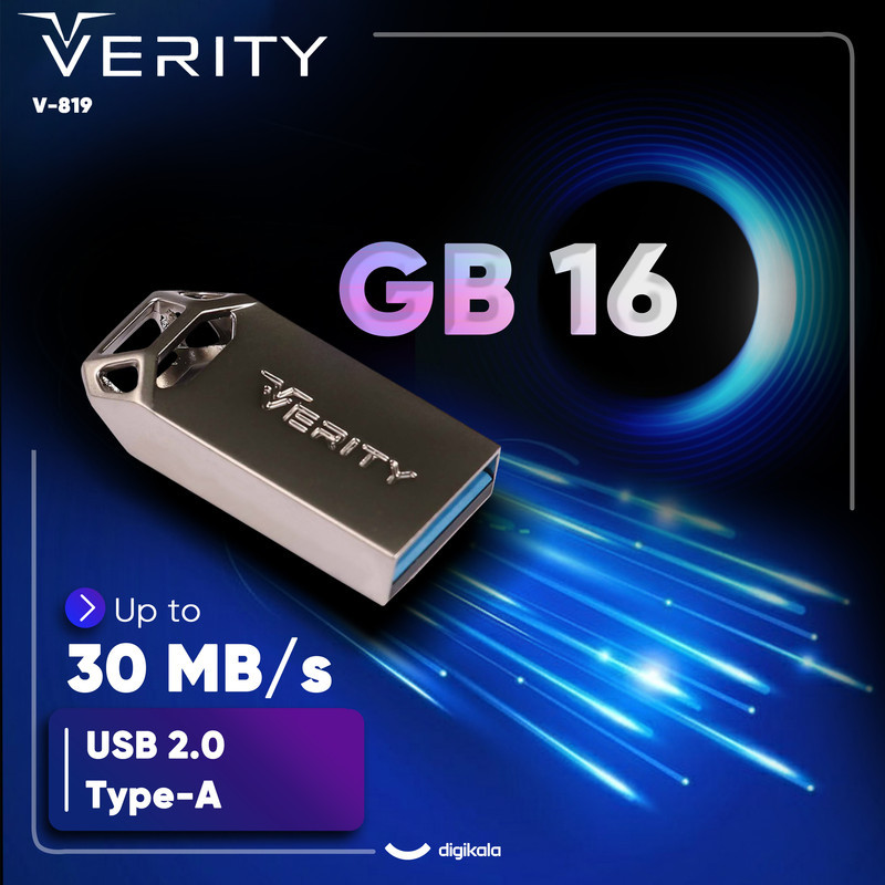 فلش مموری وریتی مدل V-819 ظرفیت 16 گیگابایت بند انگشتی با بدنه فلزی، رابط USB 2.0 و سرعت انتقال 30 مگابایت بر ثانیه، سازگار با کامپیوتر، لپ‌تاپ، موبایل، تبلت و تلویزیون