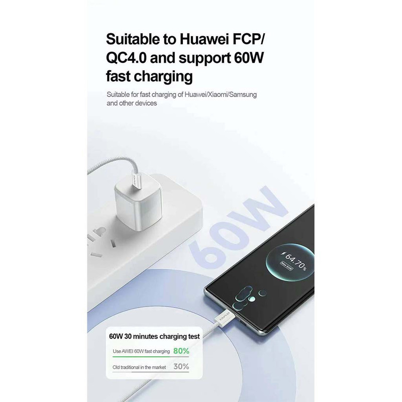 کابل USB-C اوی مدل CL-220T 60W طول 2 متر