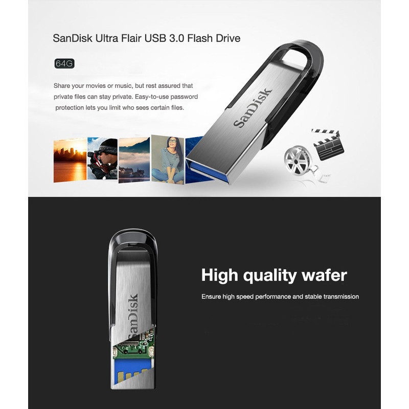 فلش مموری سن دیسک Ultra Flair CZ73 ظرفیت 64 گیگابایت با رابط USB 3.0 و بدنه فلزی مقاوم، سرعت انتقال 150 مگابایت بر ثانیه و سازگار با انواع سیستم‌عامل‌ها و دستگاه‌ها