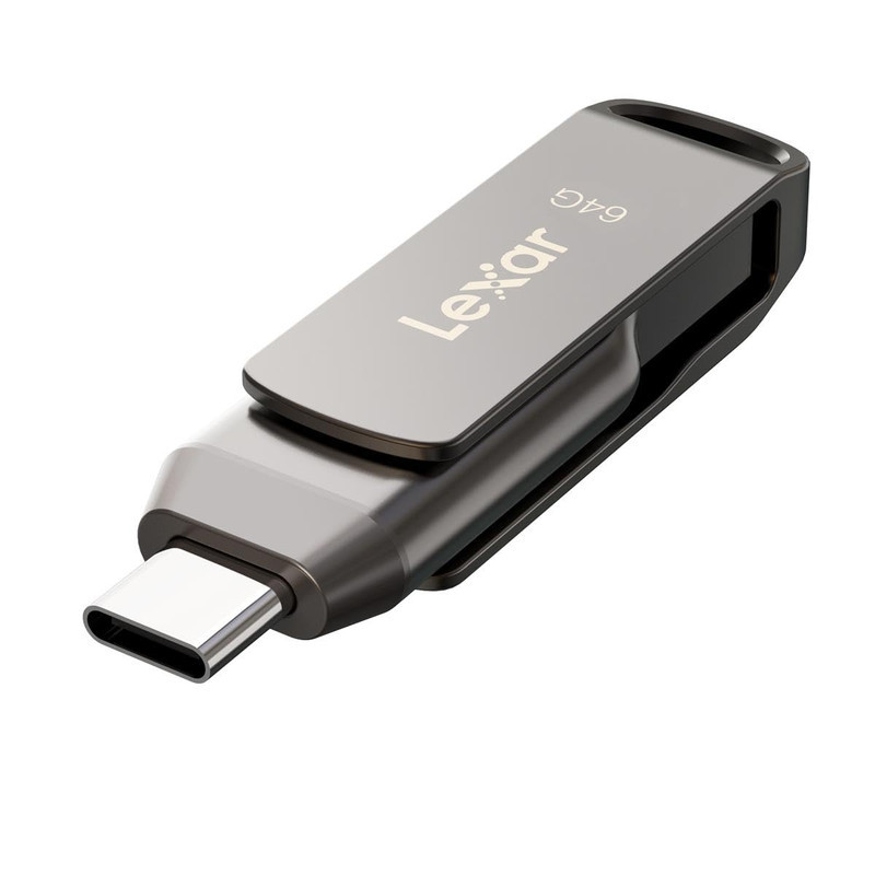 فلش مموری لکسار مدل JumpDrive Dual Drive D400 ظرفیت 32 گیگابایت، دو درگاه USB Type-C و Type-A، سرعت انتقال 130 مگابایت بر ثانیه، مقاوم در برابر آب، ضربه، شوک و گرد و غبار، بدنه فلزی چرخشی و رمزگذاری خودکار اطلاعات