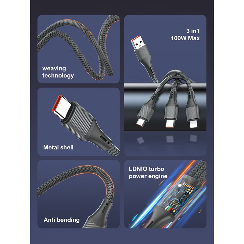 کابل تبدیل USB به USB-C  microUSB  لایتنینگ الدینیو مدل 3IN1 LC97u طول 1.2 متر