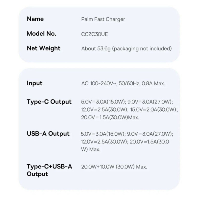 شارژر دیواری 30 وات بیسوس مدل Palm 30W  به همراه کابل USB-C