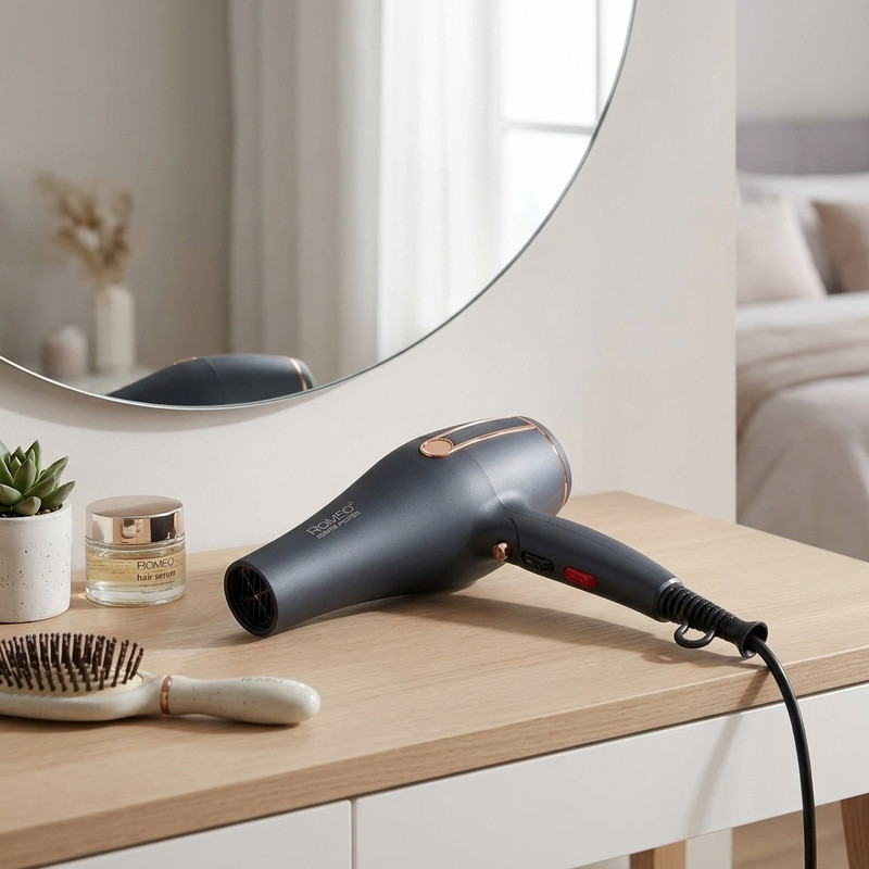 سشوار حرفه‌ای 2400 وات رومئو مدل RM-5050، موتور AC، وزن 450 گرم، المنت فلز، دارای سری متمرکز‌کننده باریک، متمرکز‌کننده پهن با ویژگی صاف‌کنندگی، حجم‌دهندگی، با قابلیت تنظیم دما، باد سرد
