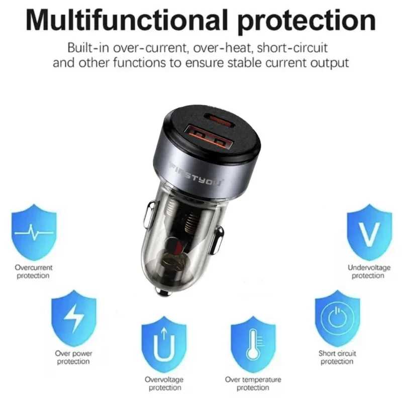 شارژر فندکی 70 وات دو پورت فرست یو مدل F070 به همراه کابل usb-C
