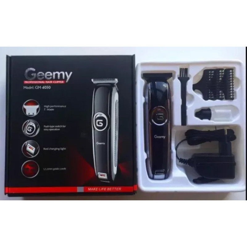 ماشین اصلاح موی سر و صورت جیمی مدل GM-6050 با تیغه استیل ضد زنگ، اصلاح برش مستقیم با دقت 0.1 میلی‌متر، قابلیت صفرزن، خط زن و حجم زن، باتری با 70 دقیقه زمان استفاده و نمایشگر وضعیت شارژ و سه شانه اصلاح 1، 2 و 3 میلی‌متری