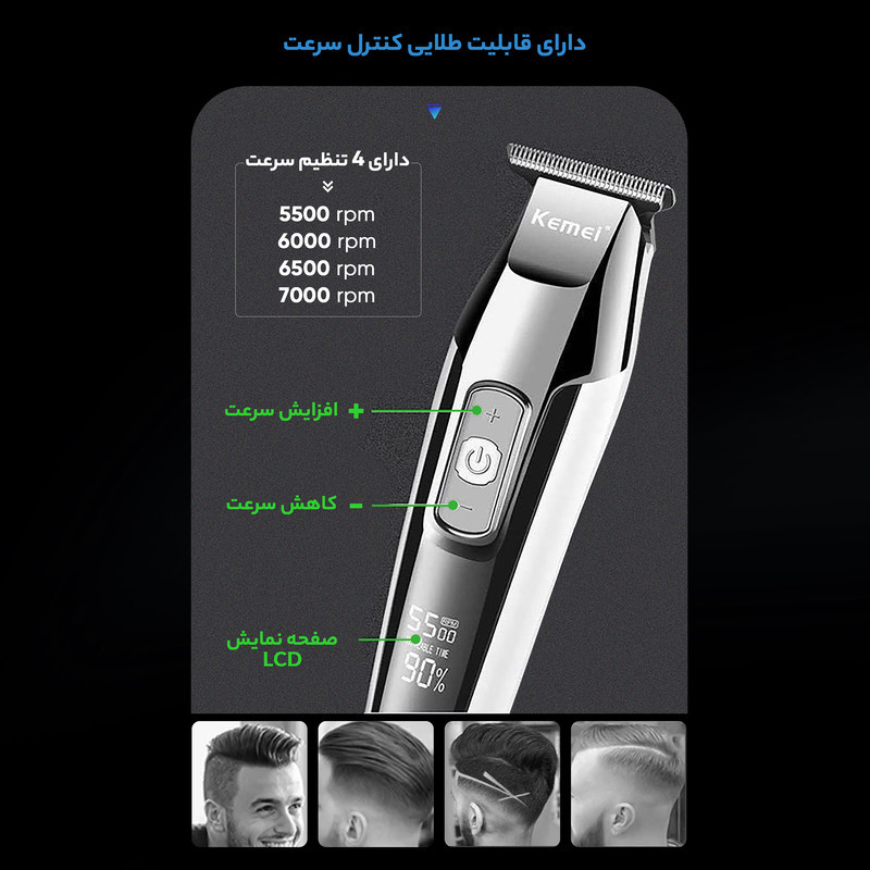 ماشین اصلاح موی صورت کیمی مدل KM-5027 با تیغه تیتانیوم پیشرفته، باتری قابل شارژ با 240 دقیقه مدت استفاده، قابلیت اصلاح خشک و مرطوب، تنظیم طول اصلاح از 0.1 تا 3 میلی‌متر و طراحی ارگونومیک کم‌صدا