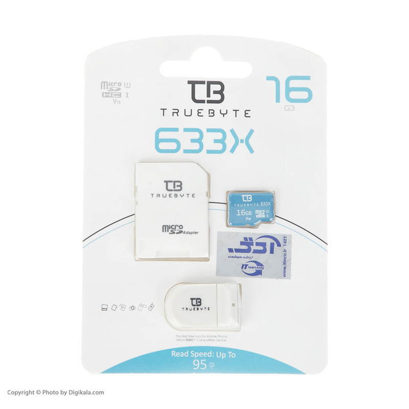 کارت حافظه MicroSDHC تروبایت مدل 633X-V10 کلاس 10 استاندارد UHS-I U1 سرعت 95MBPS ظرفیت 16 گیگابایت به همراه آداپتور SD و کارت‌خوان
