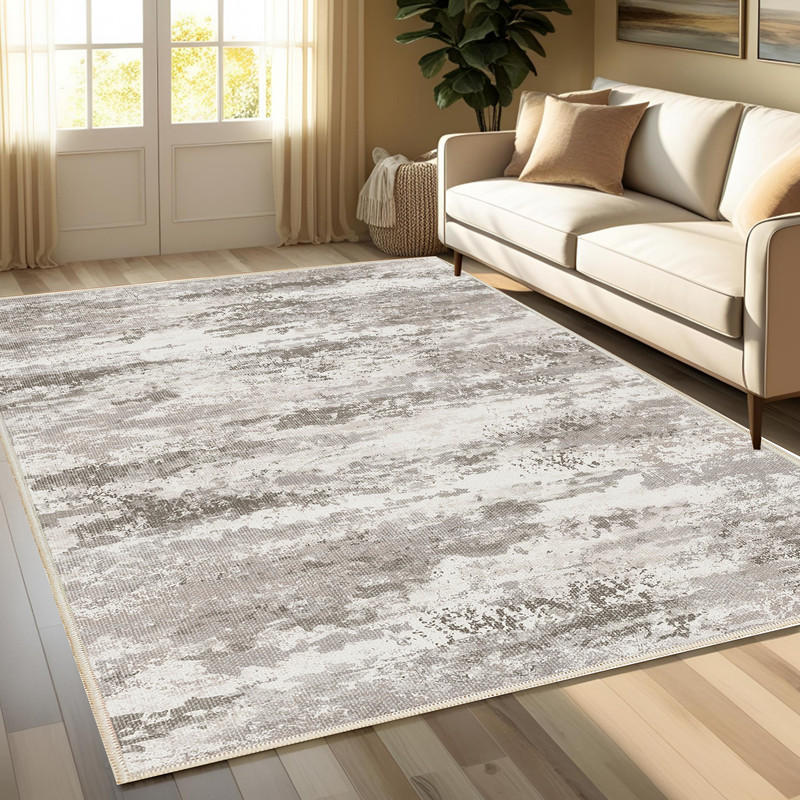 فرش ماشینی 1000 شانه زمینه کرم حاشیه کرم مدل نانو چاپ بدون پرز طرح مینیمال دلتا کد OR.1122.01