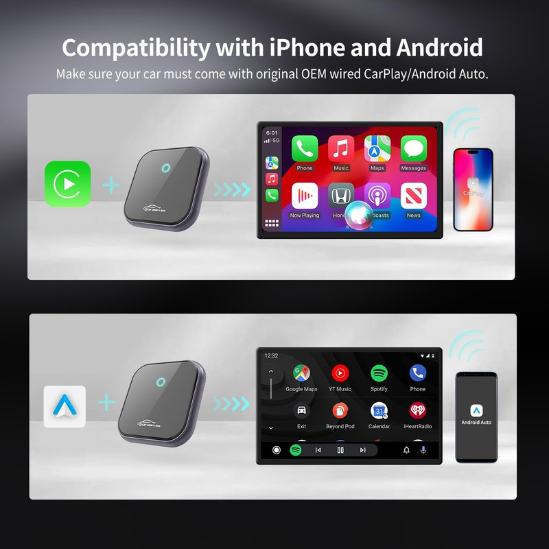 کارپلی و اندروید اتو مدل 2in1 wireless adapter به همراه کابل USB به USB-C و کابل USB-C