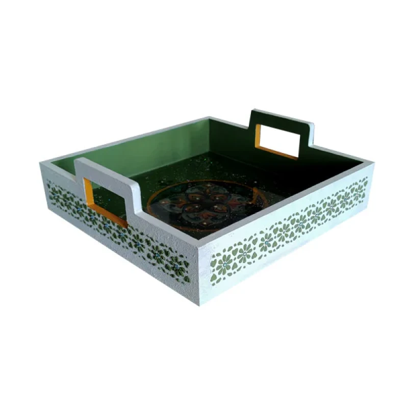 سینی دسته دار مدل چوبی رزین کد 00500 سایز 25*25 سانتی متر