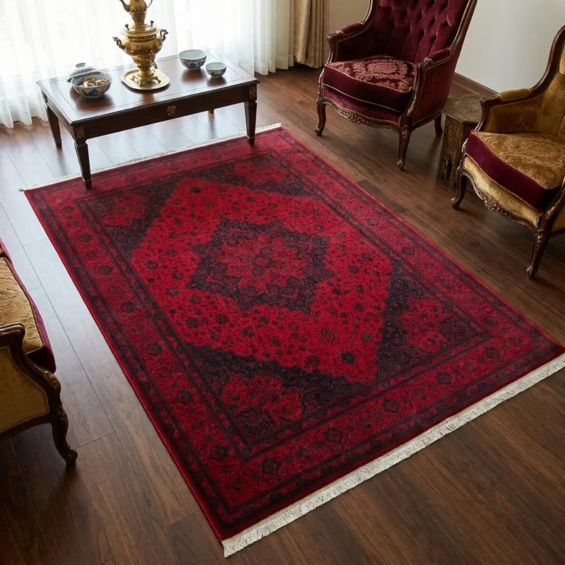 فرش ماشینی 1200 شانه فرش آرمانی زمینه لاکی حاشیه لاکی مدل 1257