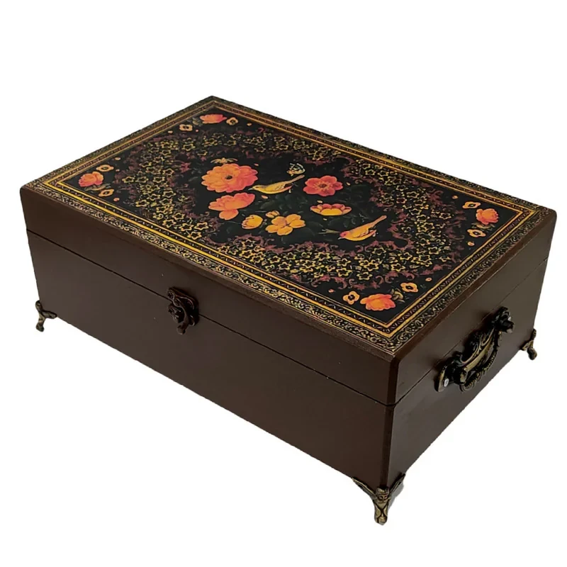 جعبه پذیرایی پایه‌دار P2030 چوبی 6 قسمتی دست‌ساز با پتینه و دکوپاژ، ابعاد 20×30×13 سانتی‌متر، ارتفاع بدون محاسبه پایه 10 سانتی‌متر