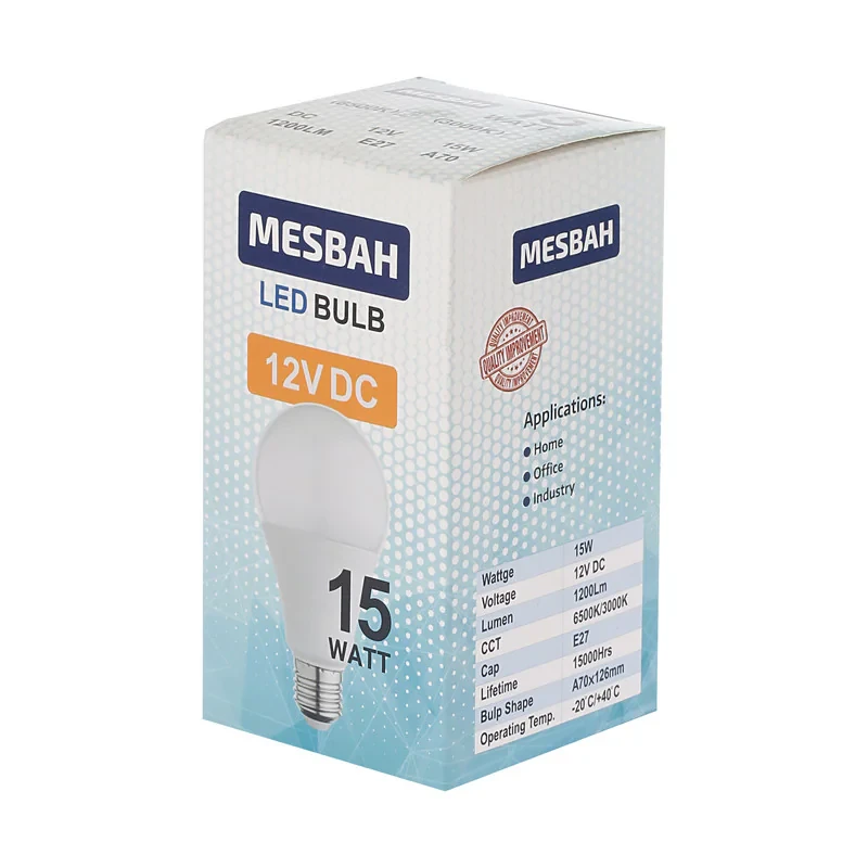 لامپ ال ای دی 12 ولت 15 وات مصباح مدل DC پایه معمولی E27 کد 12V-DC-A70-15W