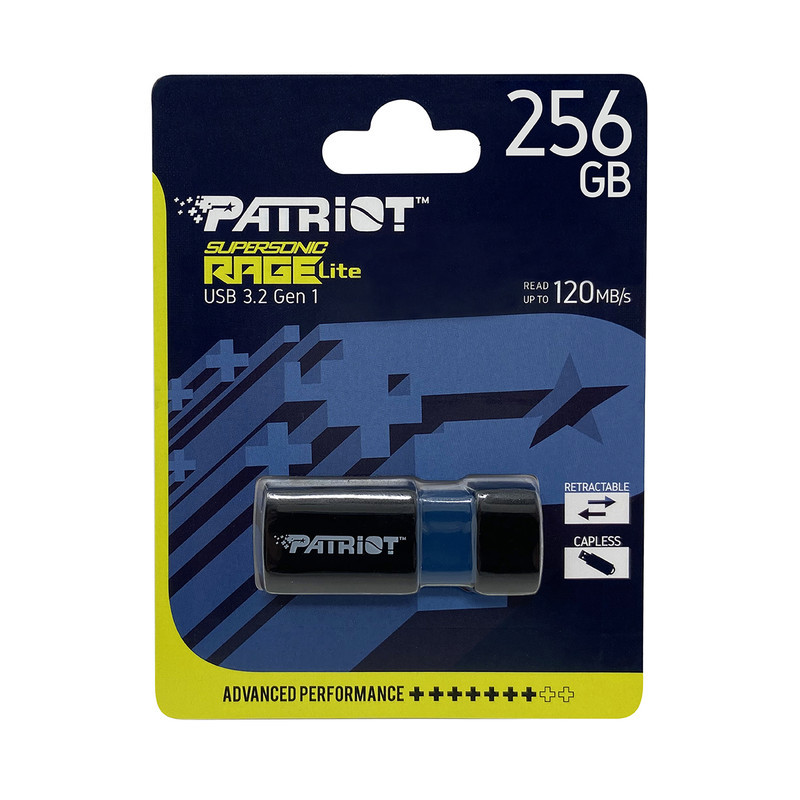 فلش مموری پتریوت مدل Patriot RAGE LITE ظرفیت 256 گیگابایت USB 3.2 Gen 1 با سرعت خواندن 120 مگابایت بر ثانیه، مقاوم در برابر آب، ضربه، شوک، لرزش و گرد و غبار، طراحی کشویی محافظ پورت