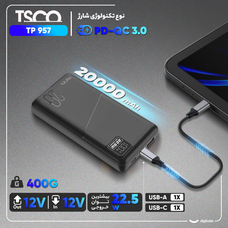 پاوربانک 22.5 وات تسکو مدل TP 957 ظرفیت 20000 میلی آمپر ساعت