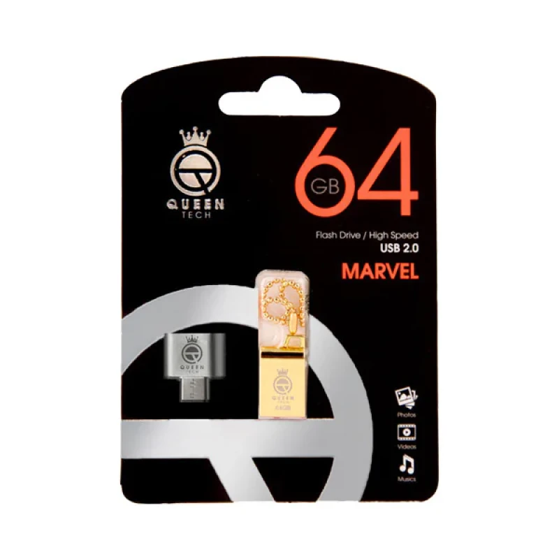 فلش مموری کوئین تک مدل MARVEL C-PLUS ظرفیت 64 گیگابایت با رابط USB 2.0 و USB Type-A، بدنه فلزی مقاوم، سرعت انتقال 30 مگابایت بر ثانیه، سازگار با موبایل، تبلت، کامپیوتر، لپ‌تاپ و تلویزیون
