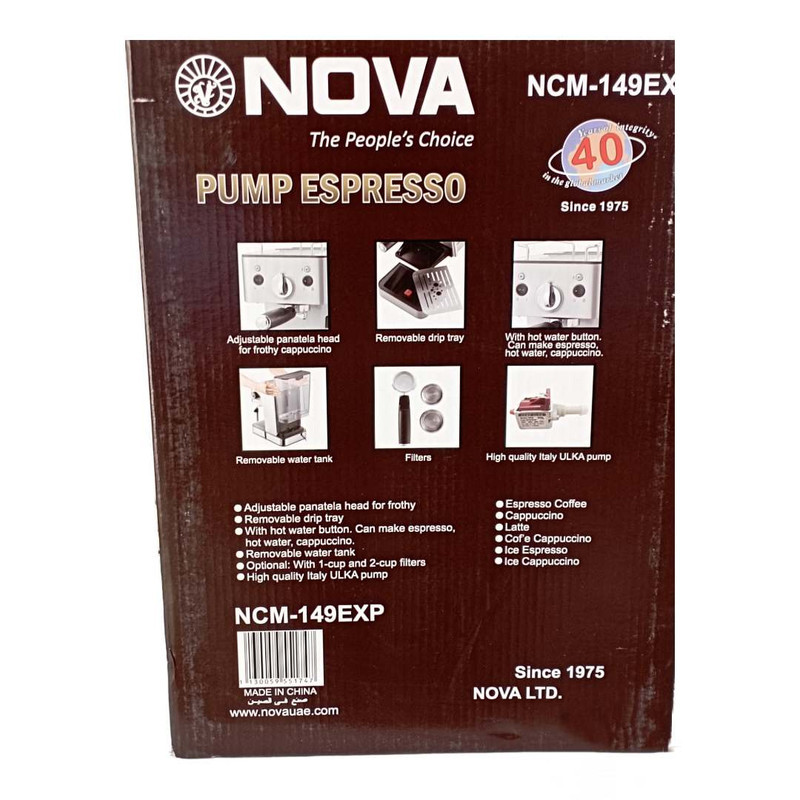 اسپرسوساز 1200 میلی‌لیتری نوا مدل NCM-149، با مصرف پودر و پد قهوه، مناسب تهیه اسپرسو، کاپوچینو، کافه لاته و موکا، دارای 2 عدد نازل قهوه، حالت آماده به کار، سیستم گرم کردن فنجان