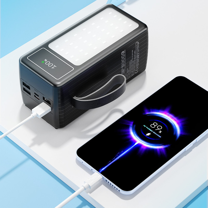 پاوربانک 22.5 وات پی زد ایکس مدل V89s PD Fast Charge ظرفیت 50000 میلی‌آمپرساعت به همراه چهار کابل متصل USB-A، USB-C، MicroUSB و لایتنینگ