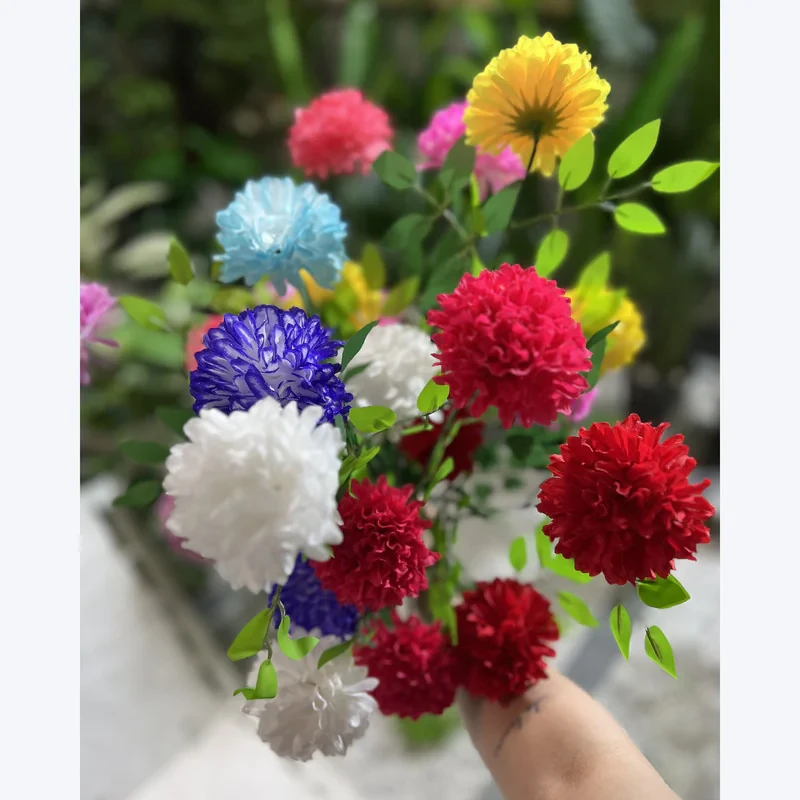 گل مصنوعی مدل بوته داوودی سه گل و برگ مجموعه 3 عددی