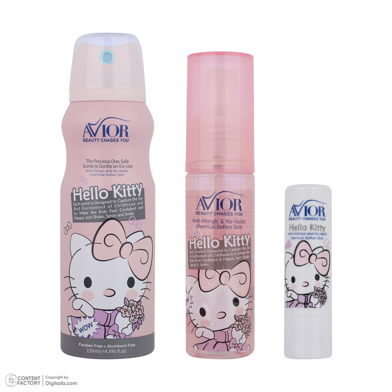 اسپری بدن کودک اویور مدل hello kitty حجم 130 میلی‌لیتر با رایحه گرم مناسب زمستان به همراه بادی اسپلش اویور مدل hello kitty حجم 60 میلی‌لیتر و بالم لب اویور مدل hello kitty  با وزن 2.8 گرم