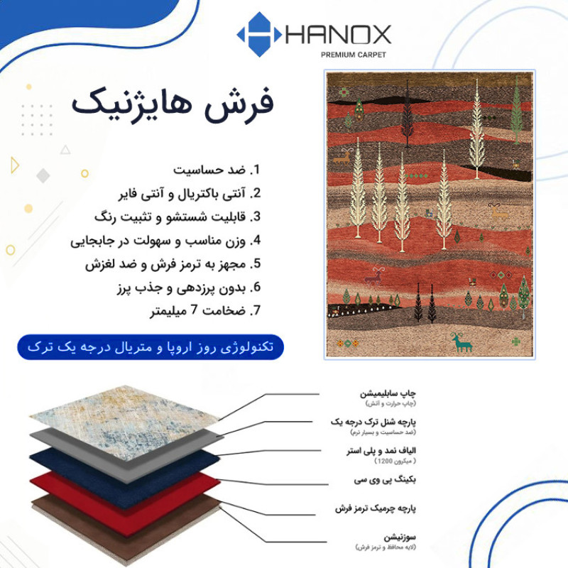 فرش ماشینی 1000 شانه هانوکس زمینه کرم - قهوه‌ای حاشیه چند رنگ مدل بیابان 1 کد L211