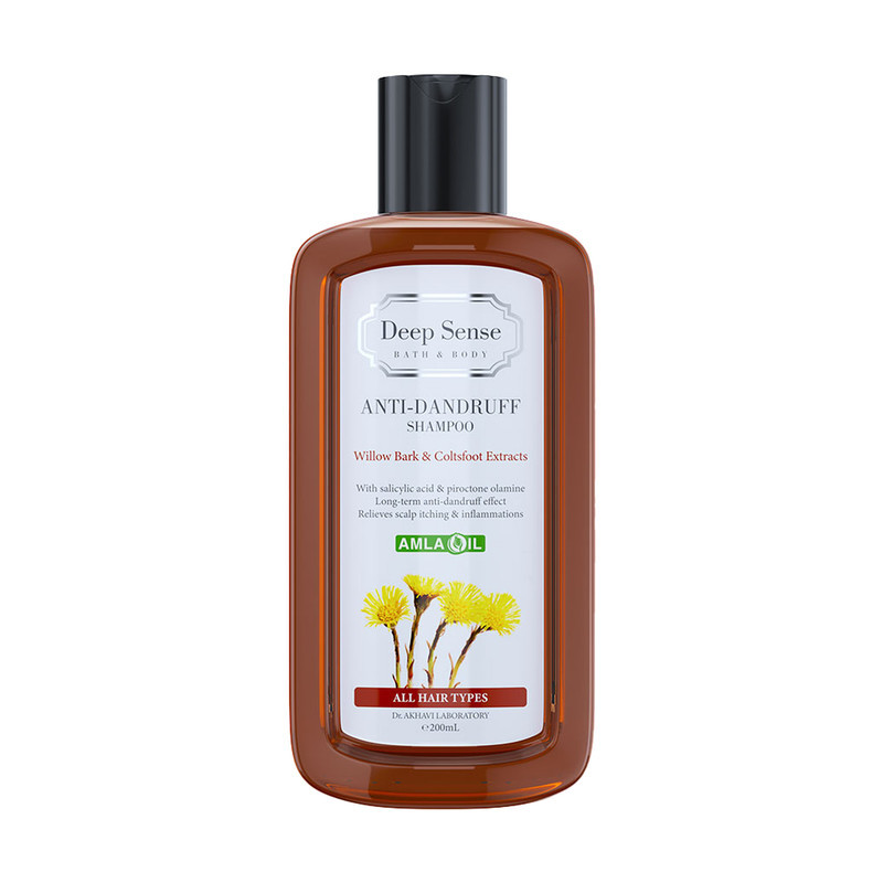 شامپو ضدشوره دیپ سنس مخصوص انواع مو، حجم 200 میلی‌لیتر مدل Willow Bark و Coltsfoot، حاوی اسید سالیسیلیک و پیروکتون اولامین، ضد خارش با عصاره آملا، بید و فارفارا