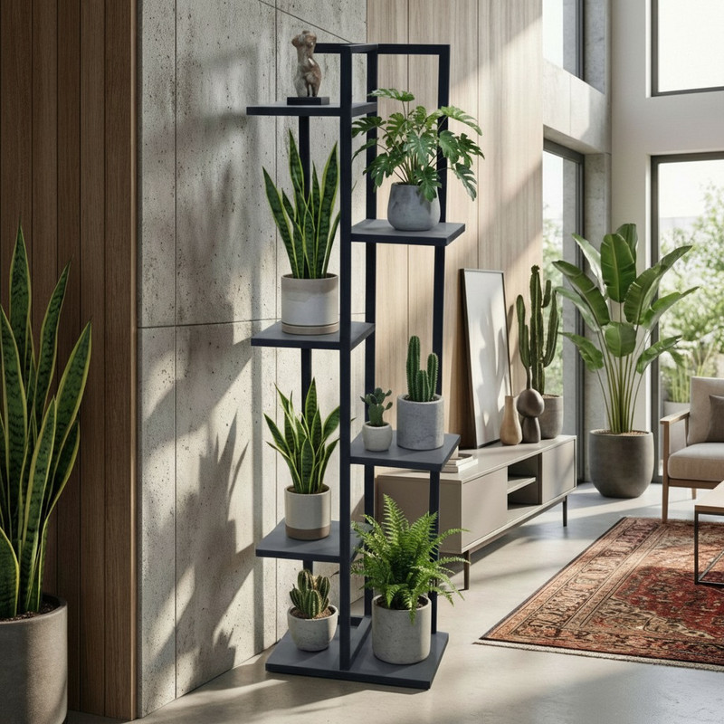استند گلدان ایستاده فلزی مدل SG-1 با طبقات MDF رنگی، طراحی مدرن، پوشش رنگ کوره‌ای مقاوم در برابر رطوبت و خش، مناسب گل‌های آپارتمانی، ابعاد 120x40x20 سانتی‌متر