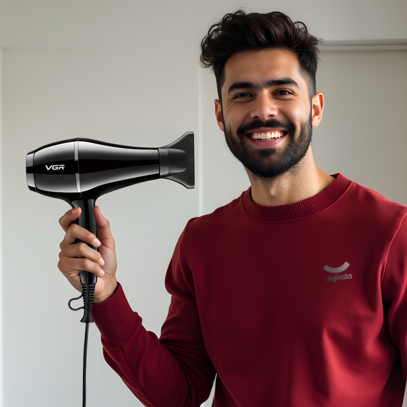 سشوار حرفه‌ای 2200 وات وی جی ار مدل V-414، موتور AC، وزن 802 گرم، المنت سرامیک تورمالین، دارای سری متمرکز‌کننده باریک، متمرکز‌کننده پهن با ویژگی صاف‌کنندگی، حجم‌دهندگی، با قابلیت تنظیم دما، فناوری تولید یون