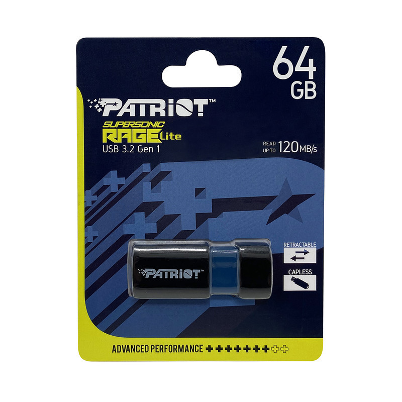 فلش مموری 64 گیگابایت پتریوت مدل Patriot RAGE LITE با رابط USB 3.2 سرعت انتقال تا 120 مگابایت بر ثانیه، مقاوم در برابر آب، ضربه، شوک و گرد و غبار، طراحی کشویی محافظ پورت، سازگار با ویندوز 7 تا 10، لینوکس و مک او اس