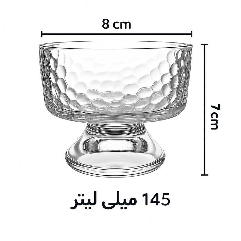 دسرخوری شیشه‌ای مدل یخی 6 عددی، فرم دایره‌ای و پایه‌دار، ابعاد 6×7×8، وزن 200 گرم، قابل شستشو با دست و ماشین ظرفشویی، دارای جعبه