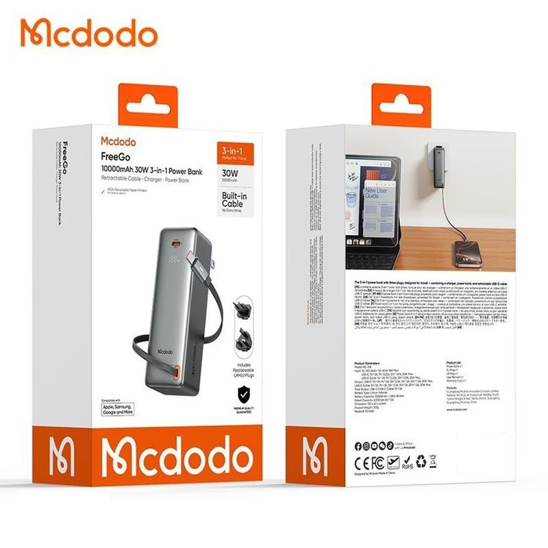 پاوربانک 30 وات مک دودو مدل FreeGo MC-3181 ظرفیت 10000 میلی‌آمپرساعت