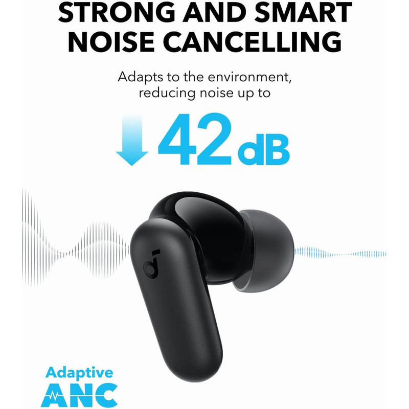 هدفون بلوتوثی انکر مدل Soundcore P30i با نویز کنسلینگ فعال (ANC)، درگاه شارژ USB Type-C، دارای 4 میکروفون با فناوری هوش مصنوعی، مجهز به دکمه لمسی و نشانگر LED مقاوم در برابر رطوبت و گردوغبار