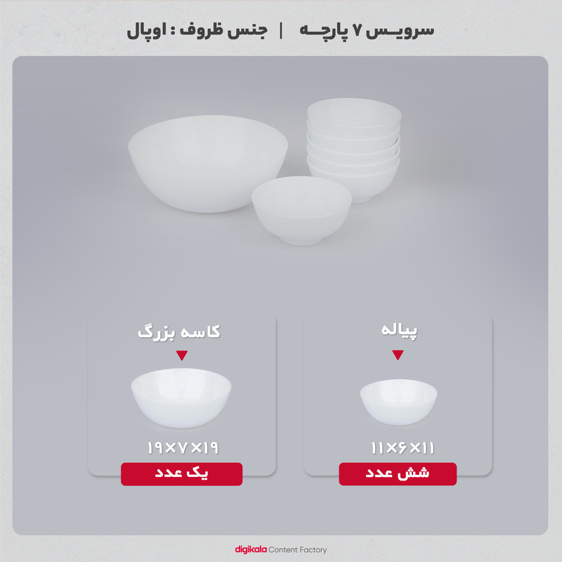 سرویس 7 پارچه آرکوپال دینو طرح دایره ورژن 7 شامل 1 کاسه بزرگ 7×19×19 سانتی‌متر وزن 375 گرم و 6 پیاله 6×11×11 سانتی‌متر وزن 230 گرم، مقاوم در برابر شوک حرارتی، مناسب شستشو با دست و ماشین ظرفشویی