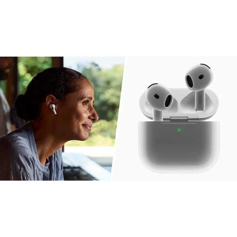 هدفون بلوتوثی اپل مدل AirPods 4 فاقد قابلیت نویز کنسلینگ، درگاه شارژ USB Type-C، شارژ بی سیم، با قابلیت اتصال به چند دستگاه، پشتیبانی از فرمان لمسی، نشانگر LED، پشتیبانی از دستیار صوتی، مقاوم در برابر آب