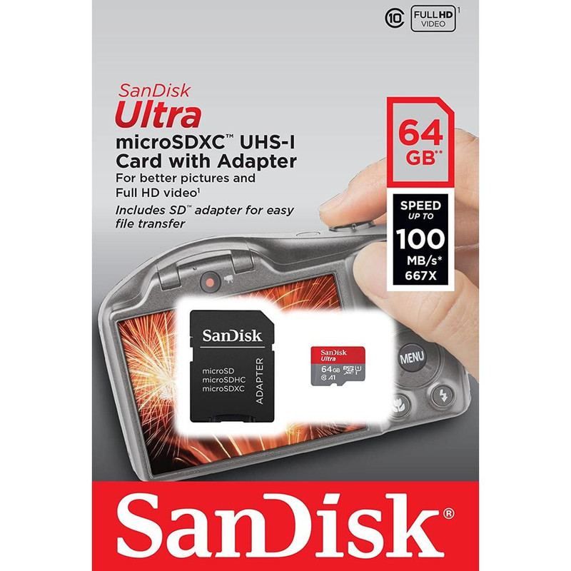 کارت حافظه microSDXC سن دیسک مدل Ultra A1 کلاس 10 استاندارد UHS-I سرعت 100MBps ظرفیت 64 گیگابایت به همراه آداپتور