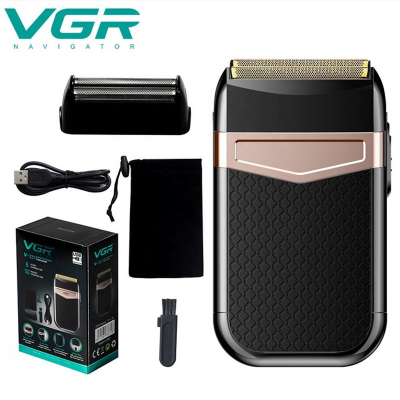 ماشین اصلاح موی صورت وی جی ار مدل 331 ضدآب با طراحی ارگونومیک، تیغه استیل پیشرفته سه‌تیغه، شارژ USB و قابلیت استفاده خشک و مرطوب