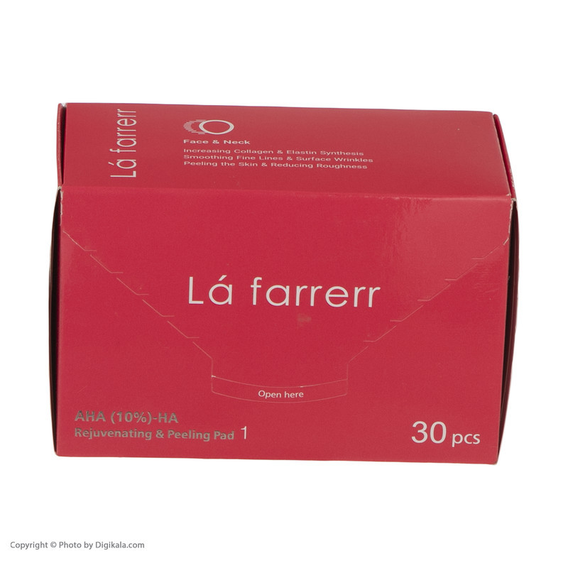 پد جوان کننده و لایه بردار پوست لافارر مدل AHA10% و هیالورونیک اسید بسته 30 عددی